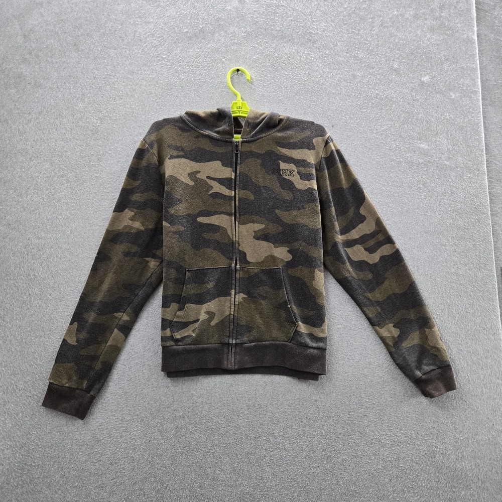 PINK Victoria's Secret Women Hoodie L Green Camouflage Fleece Logo Text READ